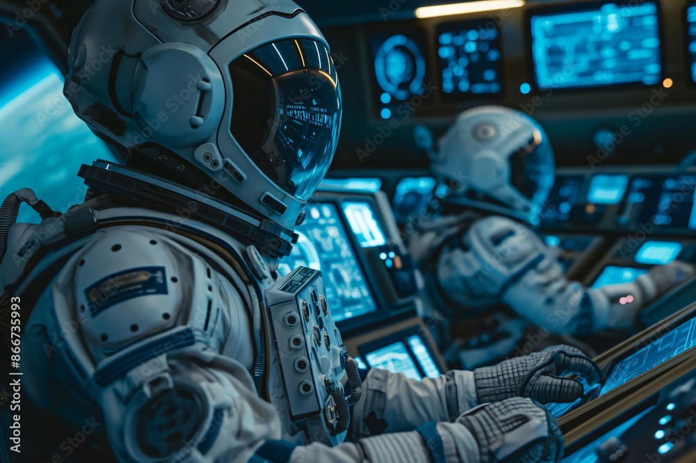 Fototapeta premium Two astronauts inside of a spaceship cockpit working on a digital control panel with a blue galaxy in the background
