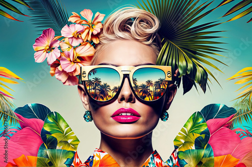 Wallpaper Mural Stylish woman in trendy sunglasses and floral outfit. Summer holidays background with tropical palm trees and vibrant flowers Torontodigital.ca