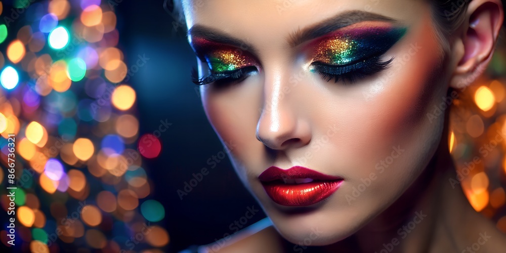 Bright make-up, make-up advertisement with a model, make-up on the model's face. AI generated Bright make-up, make-up advertisement with a model, make-up on the model's face. AI generated
