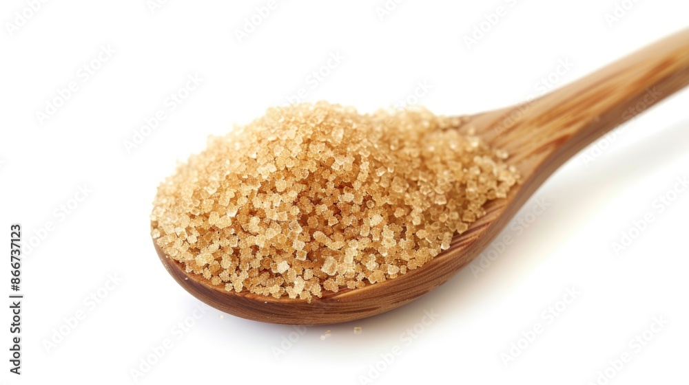 A wooden spoon filled with brown sugar, suitable for baking and cooking A wooden spoon filled with brown sugar, suitable for baking and cooking