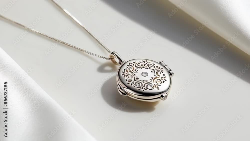 a delicate, silver locket necklace with a subtle, filigree design. a delicate, silver locket necklace with a subtle, filigree design.