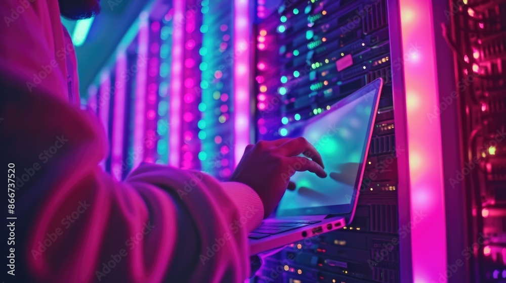 A person is working on their laptop in a server room setting, with rows of servers and computer equipment A person is working on their laptop in a server room setting, with rows of servers and computer equipment