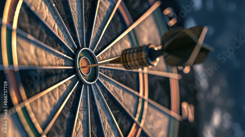 Close-up of a dart hitting the bullseye on a dartboard, representing accuracy, precision, and success in achieving goals.