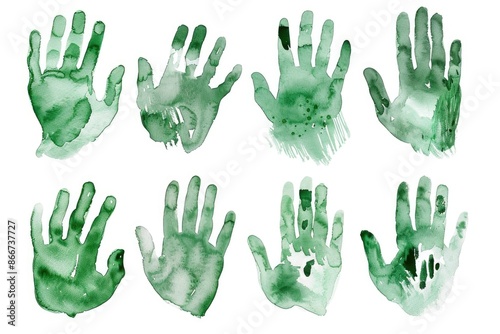 A set of nine green handprints on a flat surface photo