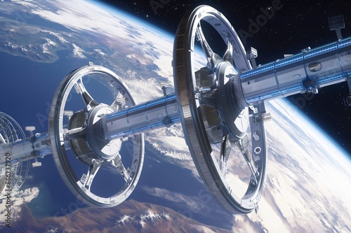 Fototapeta Naklejka Na Ścianę i Meble -  Modular space station is orbiting earth, its rotating habitation rings designed to simulate gravity for its inhabitants