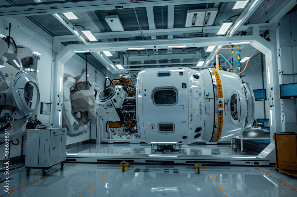Modern, high tech, futuristic spacecraft manufacturing facility assembling a spacecraft Modern, high tech, futuristic spacecraft manufacturing facility assembling a spacecraft