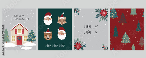 A set of Christmas vector cards featuring a house, Christmas trees, festive decorations, a reindeer, and Santa. Perfect for holiday greeting cards, festive decorations, gift tags, and seasonal crafts