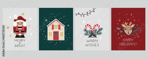 Set of Christmas vector cards featuring a nutcracker, house, candy canes, and reindeer. Perfect for holiday greeting cards, festive decorations, gift tags, and seasonal crafts. 