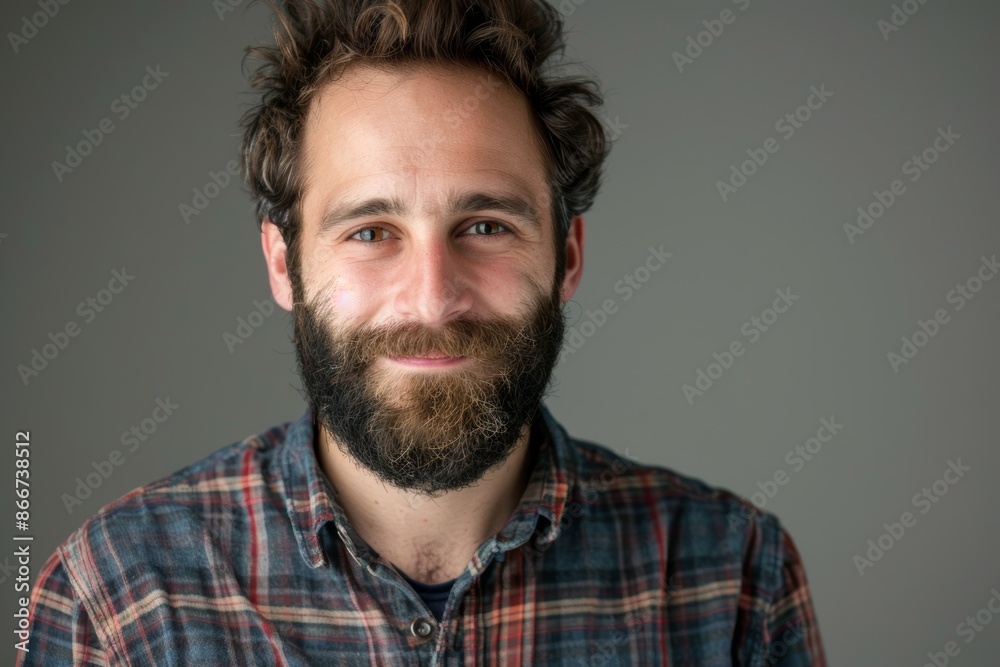 Fototapeta premium a close-up of a content young man wearing a checkered shirt on a gray backdrop.
