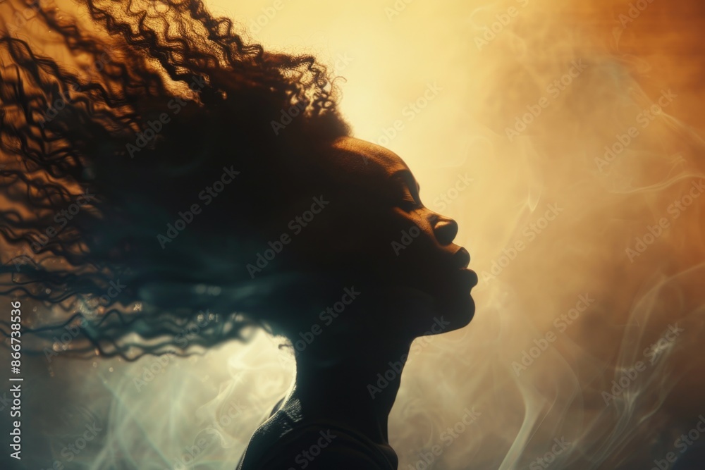 A person with long hair being blown by the wind A person with long hair being blown by the wind