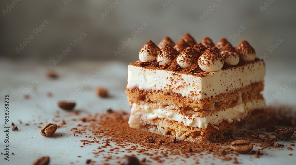 Close-Up of Beautifully Layered Tiramisu with Cocoa Dusting Close-Up of Beautifully Layered Tiramisu with Cocoa Dusting