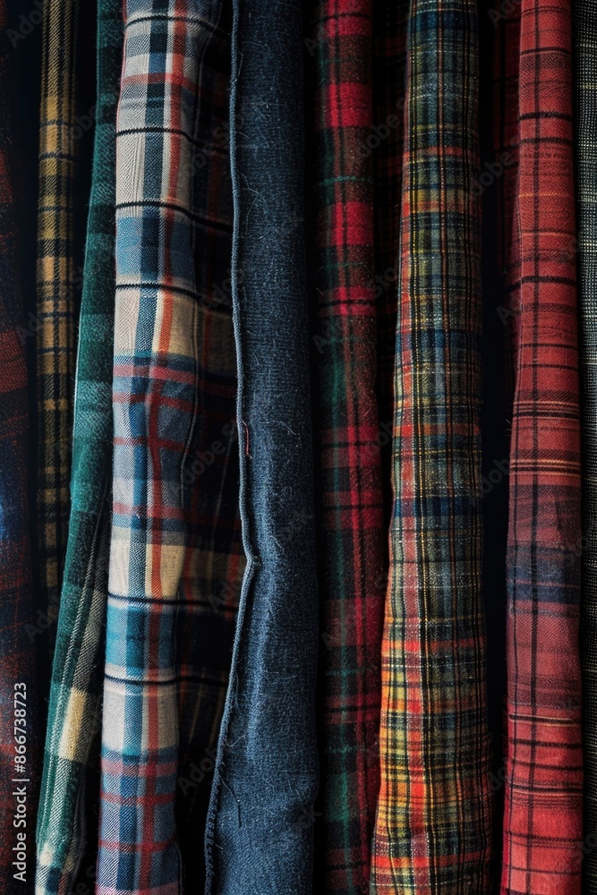 A collection of colorful plaid shirts hung on a rack, ready for selection A collection of colorful plaid shirts hung on a rack, ready for selection