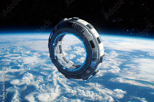 Fototapeta Naklejka Na Ścianę i Meble -  Futuristic torus shaped space station orbits earth in space, with sleek design hinting at science fiction. Clouds float in the background, adding to the celestial scene