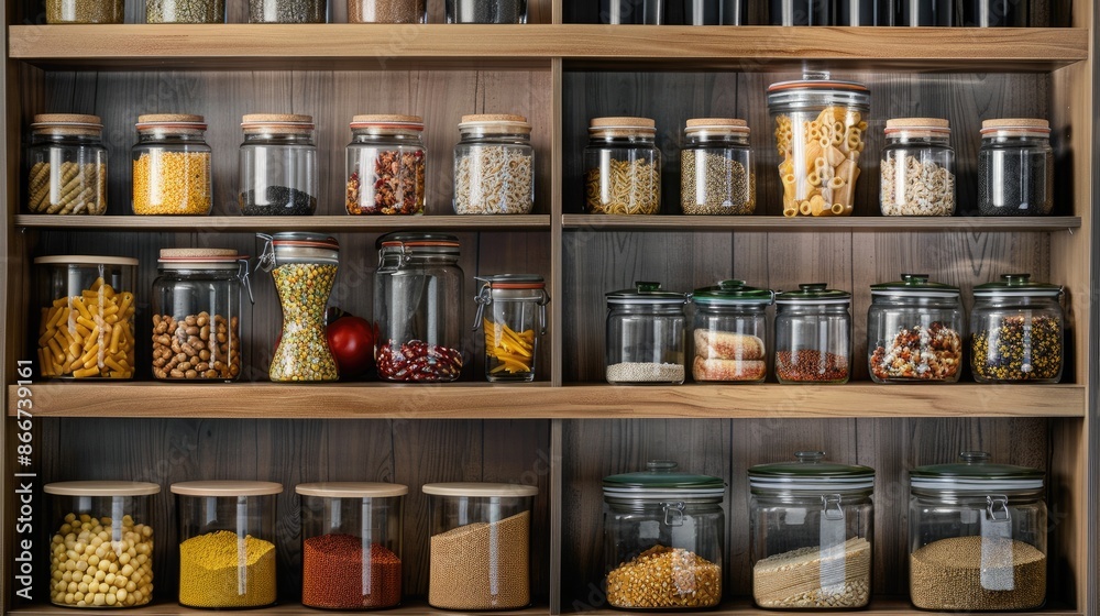 Food storage: Glass jars of dry foods like pasta, grains, and legumes arranged on pantry shelves, emphasizing organization and accessibility