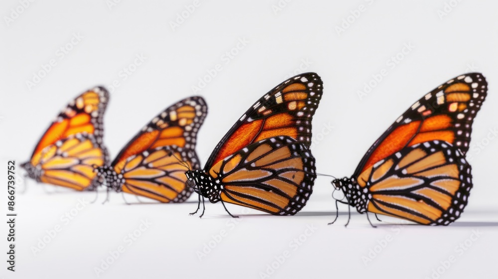 Group of colorful butterflies perched on a clean white surface, perfect for representing nature or beauty in any context Group of colorful butterflies perched on a clean white surface, perfect for representing nature or beauty in any context