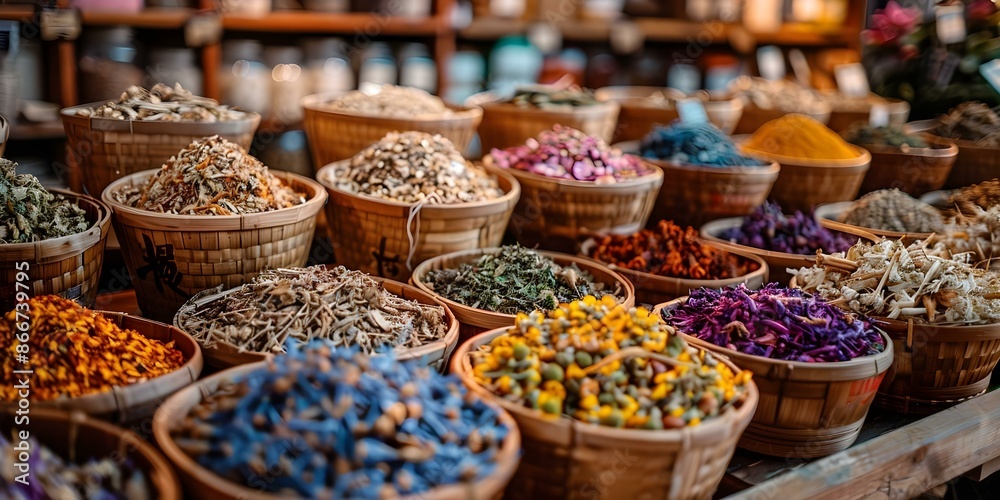 Fototapeta premium Selective focus on market display of dried flowers herbs infusions and decoctions. Concept Market Display, Dried Flowers, Herbs, Infusions, Decoctions