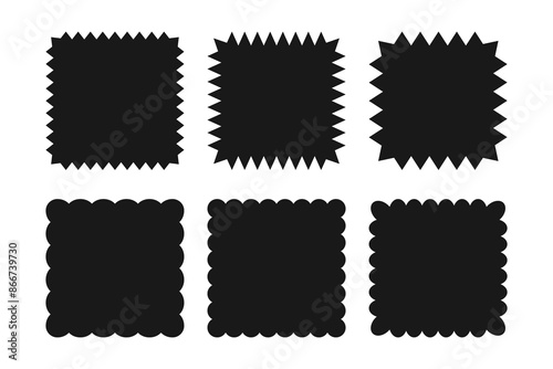 Square silhouette shapes with scallop and zigzag edges. Geometric squared wavy frames set.