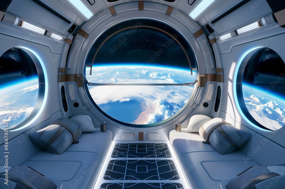 Futuristic spacecraft interior showcasing a panoramic view of planet earth from space, highlighting the potential of space tourism Futuristic spacecraft interior showcasing a panoramic view of planet earth from space, highlighting the potential of space tourism