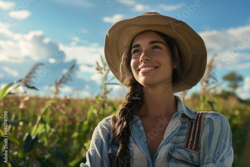 A woman wearing a hat stands amidst a tall cornfield, offering a moment of serenity © Fotograf