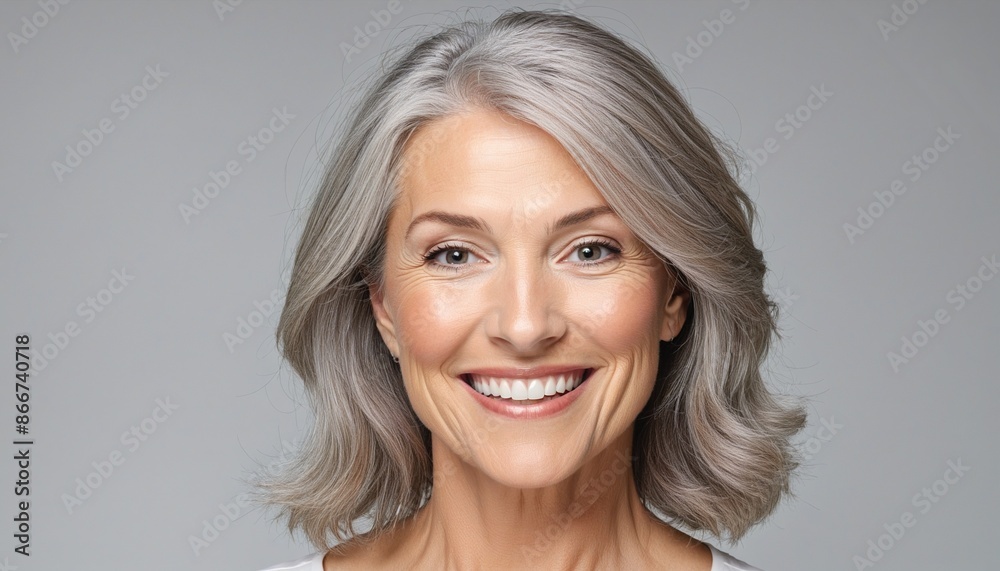 Fototapeta premium Elegant Caucasian lady with a natural and stylish beauty, smiling happily at the camera in her 40s