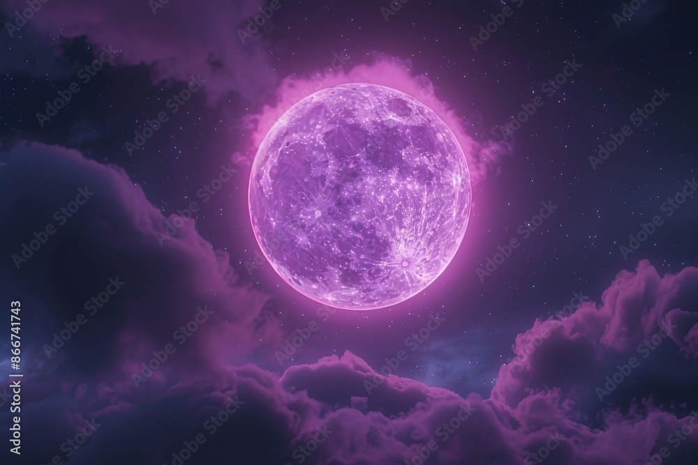 A beautiful purple full moon shining through the clouds A beautiful purple full moon shining through the clouds