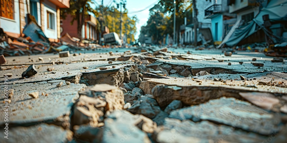 Earthquake devastates city crumbling streets and damaging infrastructure with ground shaking. Concept Natural disasters, Earthquake destruction, City infrastructure, Ground shaking, Disaster recovery