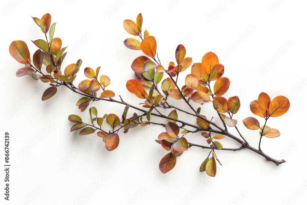 A natural branch with vibrant orange and green leaves on a white background A natural branch with vibrant orange and green leaves on a white background
