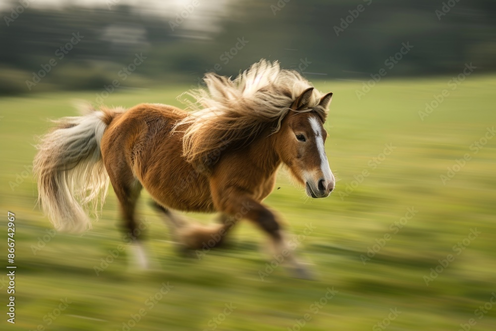 Obraz premium A brown horse gallops across a lush green field, with the sun shining down