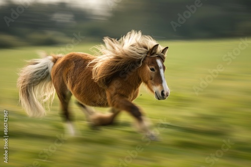 A brown horse gallops across a lush green field, with the sun shining down