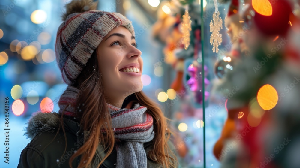 A smiling woman in winter clothing looks at Christmas decorations in a store window A smiling woman in winter clothing looks at Christmas decorations in a store window