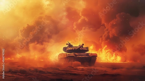 epic battle scene with armored tank navigating fiery minefield intense orange glow billowing smoke desolate desert landscape cinematic composition