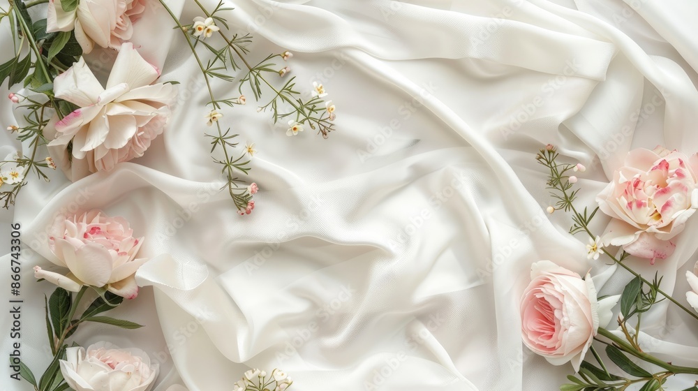 Minimal romance: White satin sheet adorned with soft pink flowers and a blank wedding invitation, showcasing a minimalist aesthetic Minimal romance: White satin sheet adorned with soft pink flowers and a blank wedding invitation, showcasing a minimalist aesthetic