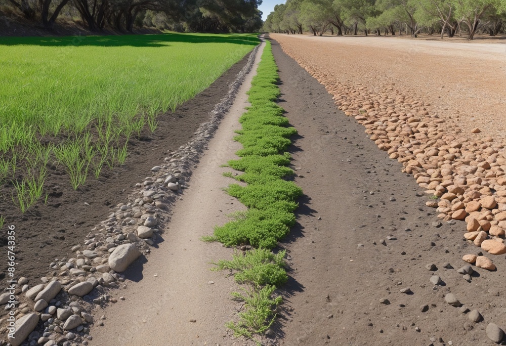 Contrast between fertile land and arid desert reflects urgent need for environmental conservation and protection Contrast between fertile land and arid desert reflects urgent need for environmental conservation and protection