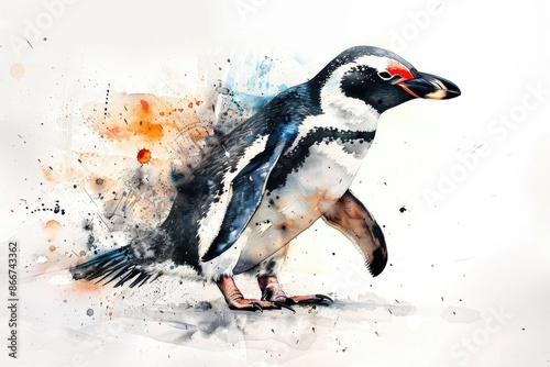 A penguin sitting on a white background, made with watercolor painting style