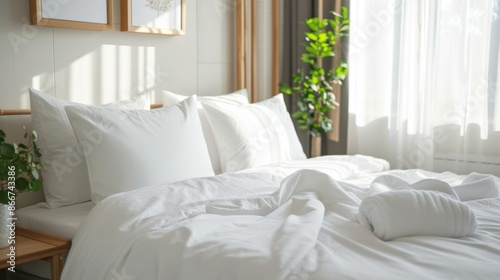 A bright and cozy bedroom with clean white pillows and bedding