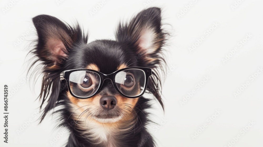 A cute Chihuahua wearing glasses posing as if it is smart against a white background A cute Chihuahua wearing glasses posing as if it is smart against a white background