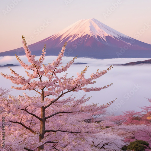 Japanese cherry blossom with Mount Fuji. Generative AI