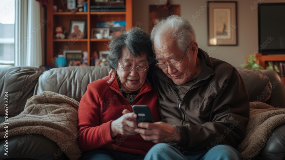 An elderly couple uses a smartphone together in their living room sharing a moment of connection and learning An elderly couple uses a smartphone together in their living room sharing a moment of connection and learning