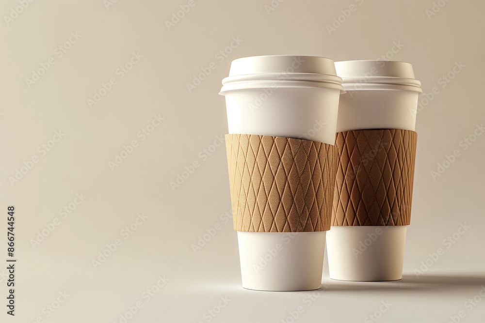 Two paper coffee cups with sleeves mockup template, isolated on a light grey background, high resolution, capturing the texture of the cups