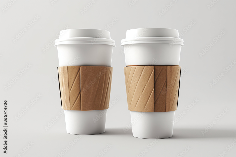 Two paper coffee cups with sleeves mockup template, isolated on a light grey background, high resolution, capturing the texture of the cups Two paper coffee cups with sleeves mockup template, isolated on a light grey background, high resolution, capturing the texture of the cups