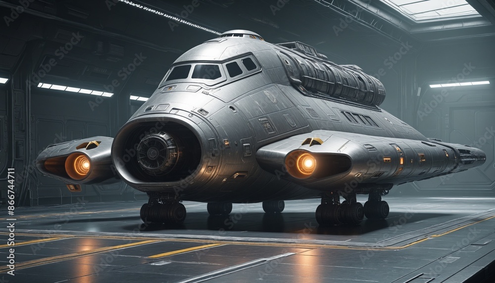 Fototapeta premium 3D rendering of a vintage metallic spaceship with grunge surface on a rainy night scene landing pad