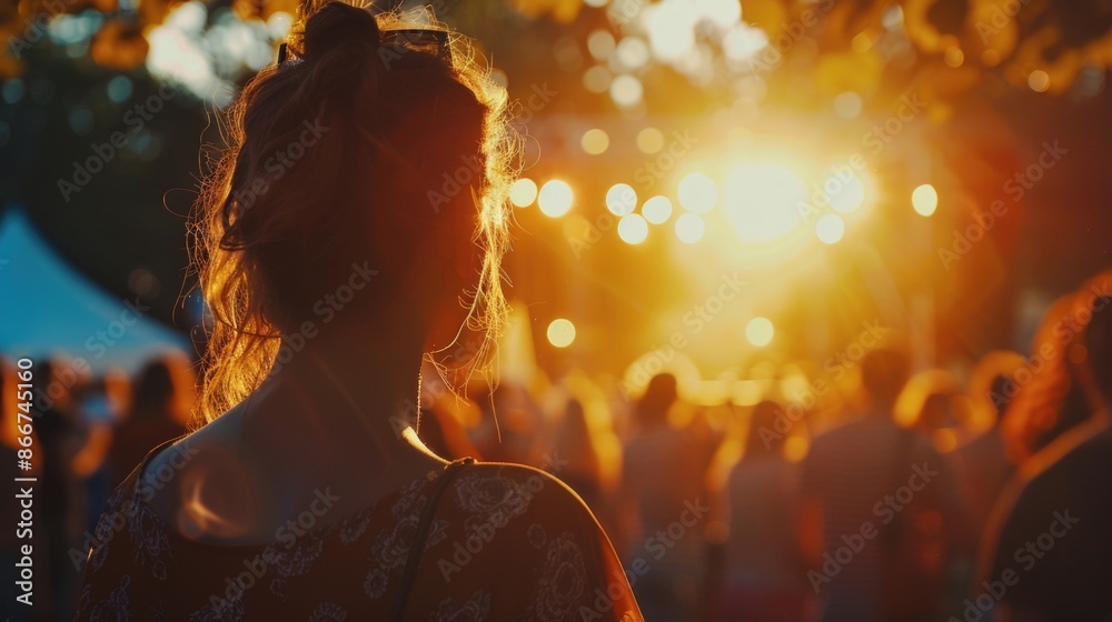 A person stands among a gathering crowd as the sun sets, creating a warm and vibrant atmosphere A person stands among a gathering crowd as the sun sets, creating a warm and vibrant atmosphere