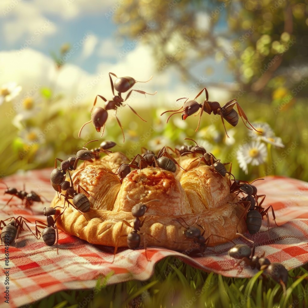 Picnic dessert under attack by ants on a checkered cloth, natural setting with flowers and greenery in a sunny, outdoor environment. Picnic dessert under attack by ants on a checkered cloth, natural setting with flowers and greenery in a sunny, outdoor environment.