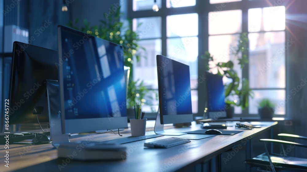 A collection of computer monitors stacked on a desk, perfect for an office or workstation setting