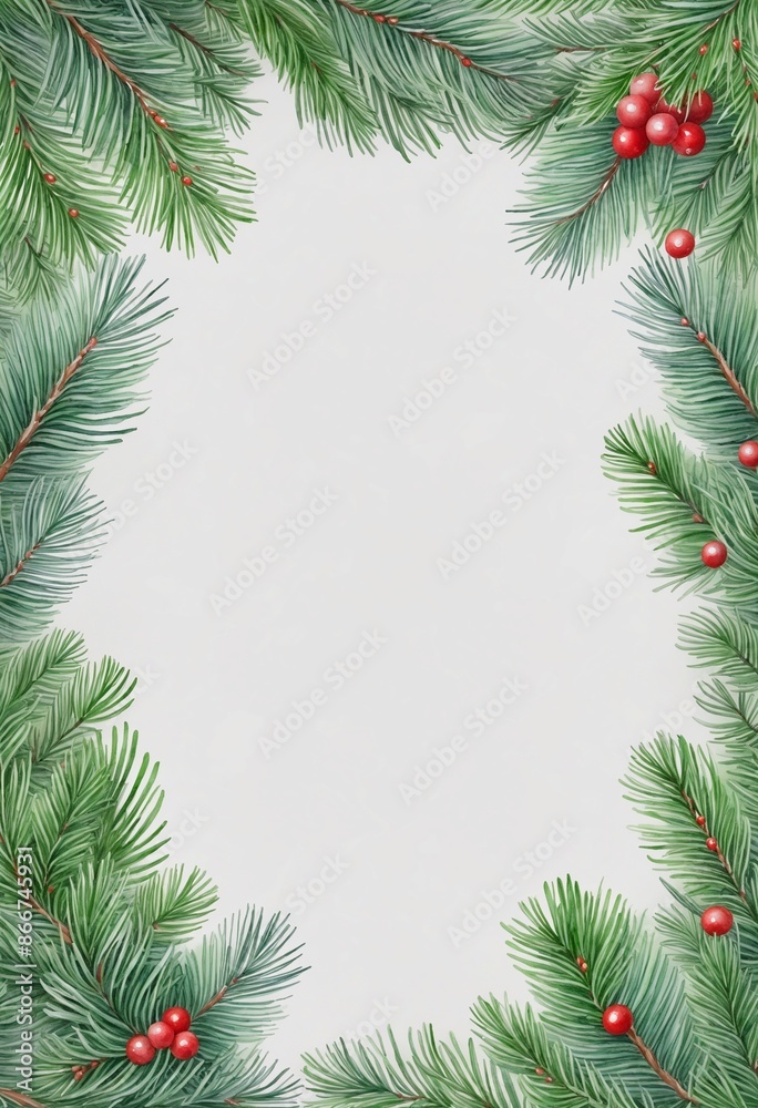 Watercolor winter frame of fir branches, pine cones and eucalyptus on a white background Watercolor winter frame of fir branches, pine cones and eucalyptus on a white background