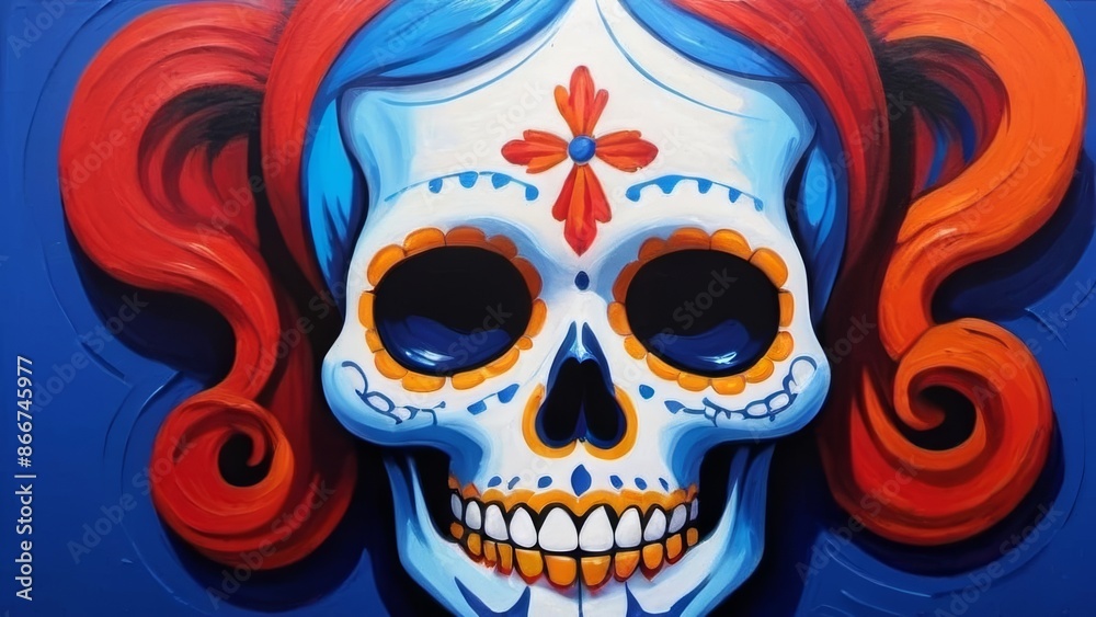 Colorful sugar skull painting with vibrant red hair, celebrating Mexican tradition and Day of the Dead. Colorful sugar skull painting with vibrant red hair, celebrating Mexican tradition and Day of the Dead.