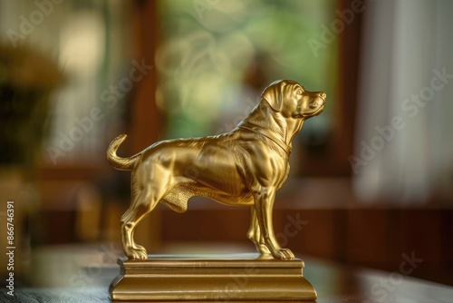 A golden statue of a dog sitting on a table