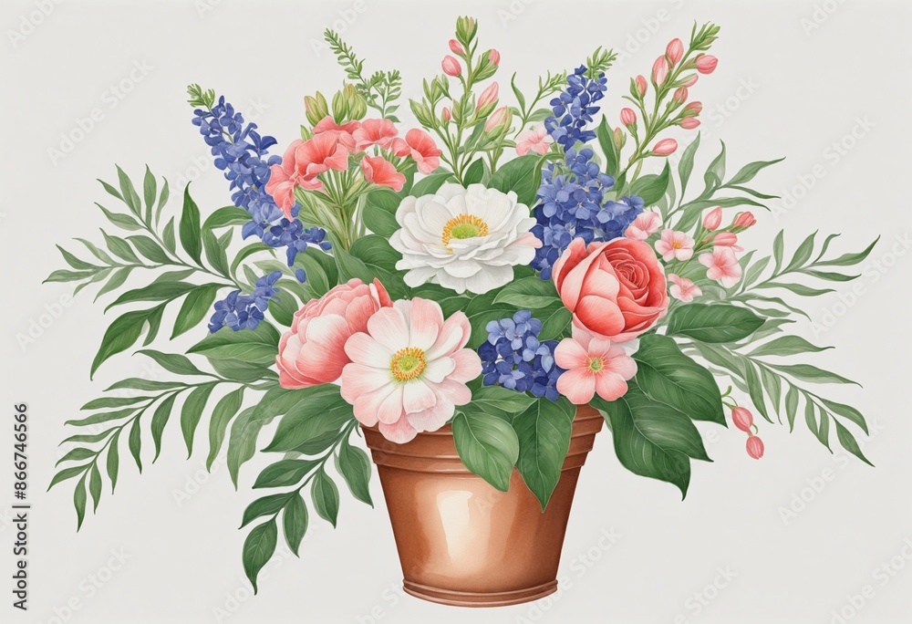 Fototapeta premium Elegant Watercolor Floral Illustration of a Peony Bouquet in Retro Style with Greenery and Pink Roses, Perfect for Wedding Invitations and Greeting Cards