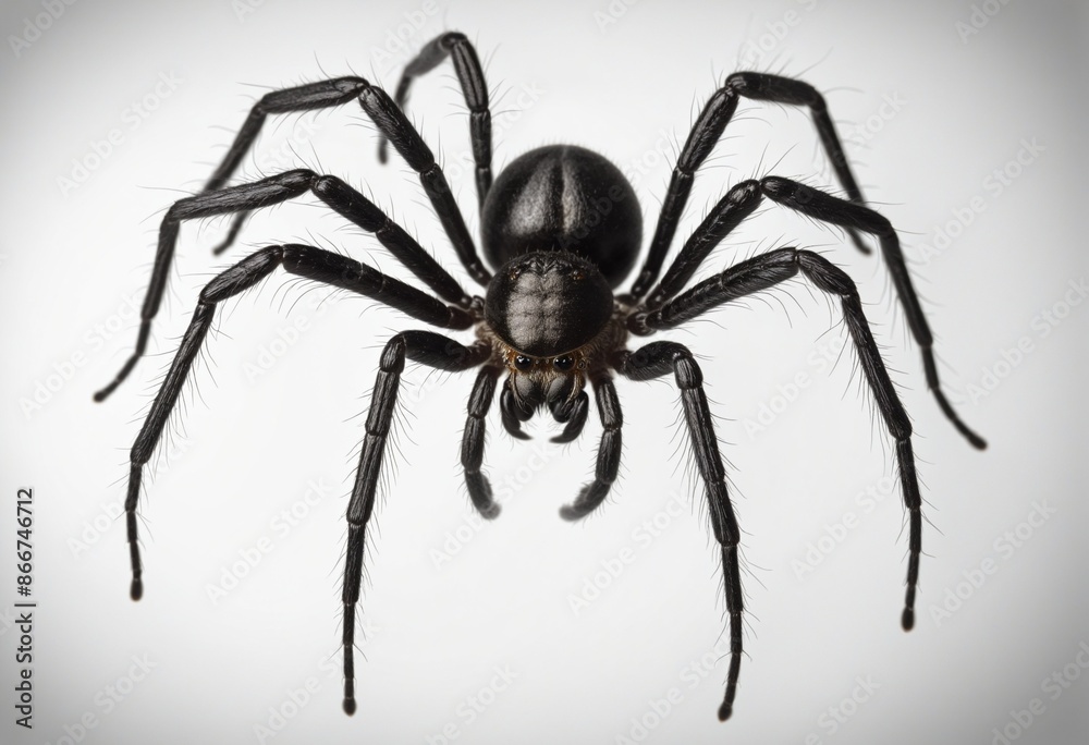 Fear-inducing closeup of a large, skinny black spider, isolated on a transparent background with a menacing shadow Fear-inducing closeup of a large, skinny black spider, isolated on a transparent background with a menacing shadow