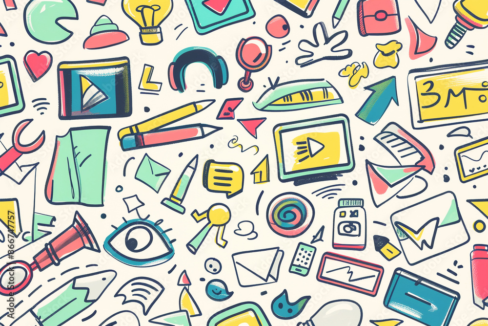 Vibrant hand-drawn doodles of social media and communication icons, ideal for digital and creative themes. Vibrant hand-drawn doodles of social media and communication icons, ideal for digital and creative themes.